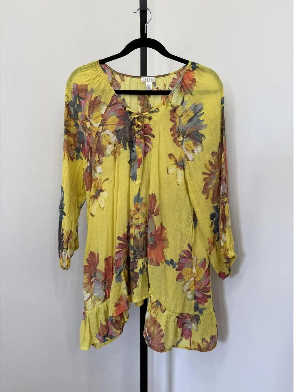 Spense Yellow Floral Lace-Up Blouse Large - Picture 6 of 6